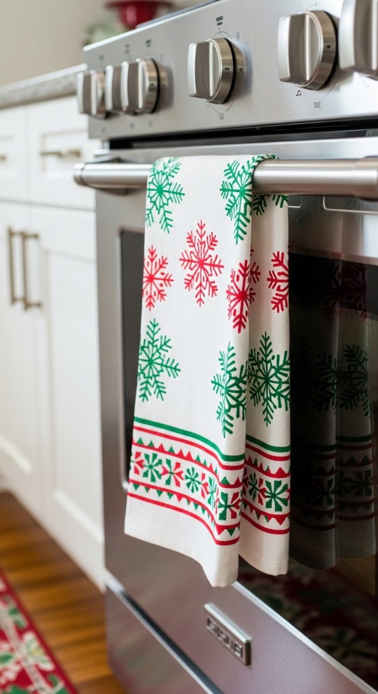 Christmas themed kitchen towel snowflake motif oven door handle holiday rug bright daylight bokeh