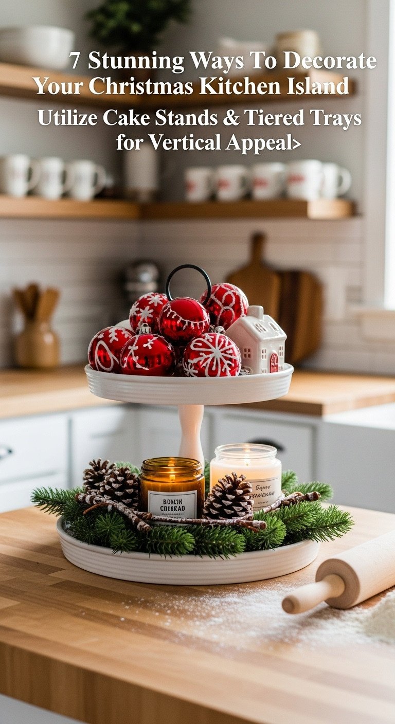 Christmas tiered tray on kitchen island with wreath candle ornaments and ceramic house on butcher block