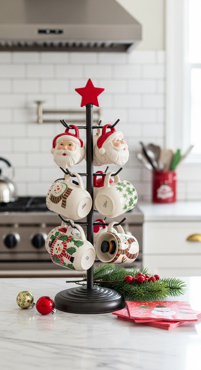 Christmas tree shaped mug tree with vintage Santa snowman mugs on marble counter warm golden hour light