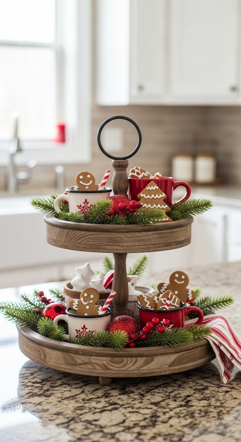 Christmas two-tiered wooden tray filled with mini mugs gingerbread cookies ornaments and greenery on a kitchen counter