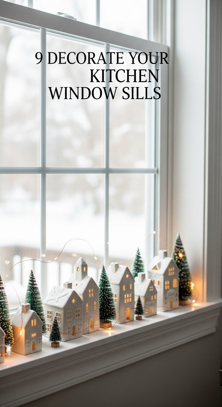Christmas village on a kitchen window sill with ceramic houses bottle brush trees and fairy lights