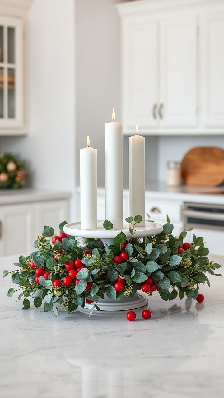Christmas window sill decor: pine garland with flameless LED taper candles in brass holders over sink.