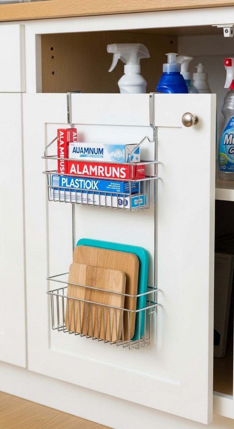 Small Studio Apartment Kitchen Designs That Actually Work 15 Chrome over-the-door storage rack for foil, plastic wrap, cutting boards on white kitchen cabinet. Efficient space saver.