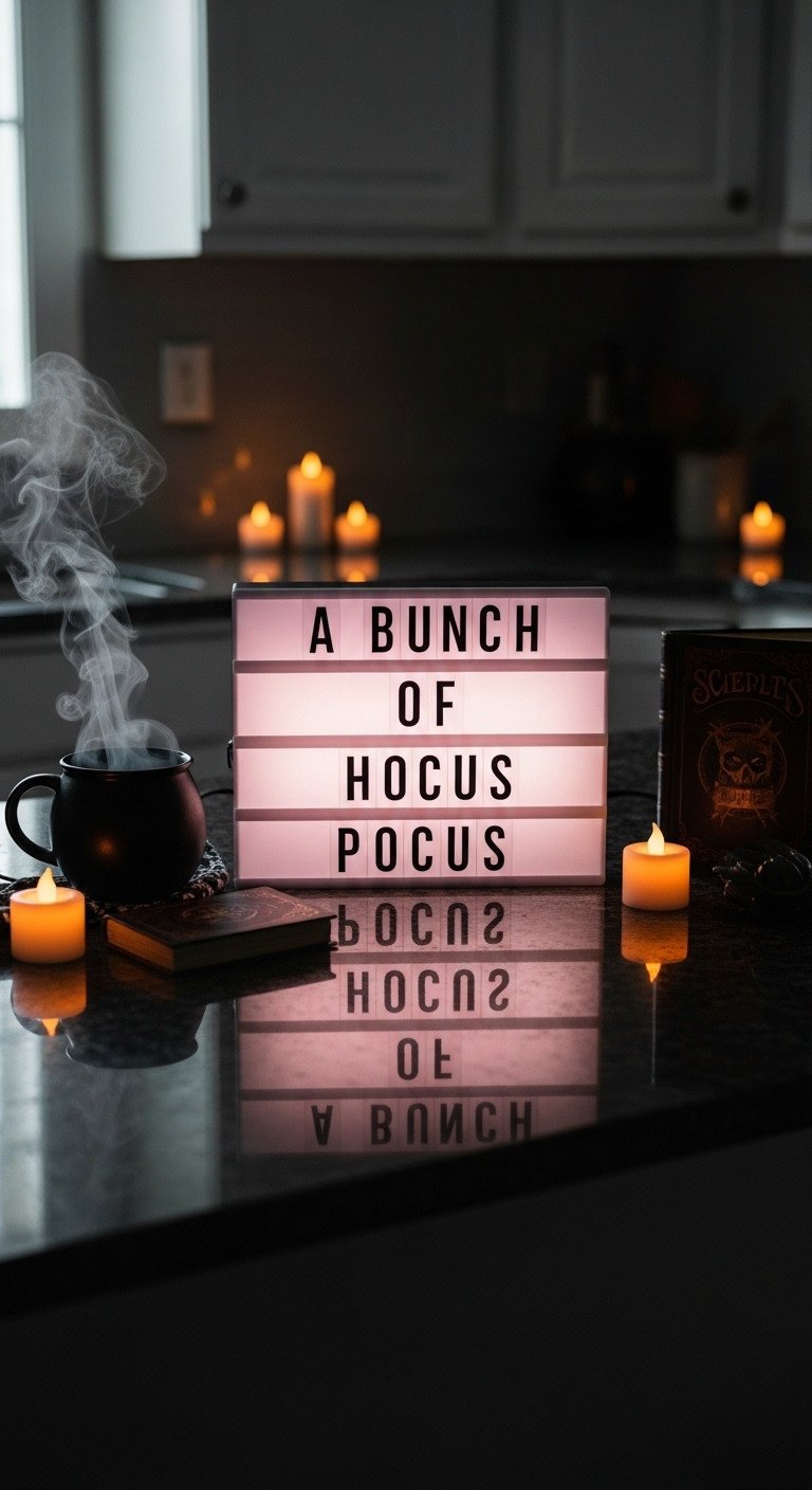 Cinematic lightbox on a kitchen counter reads A BUNCH OF HOCUS POCUS with a cauldron mug spellbook and LED candles