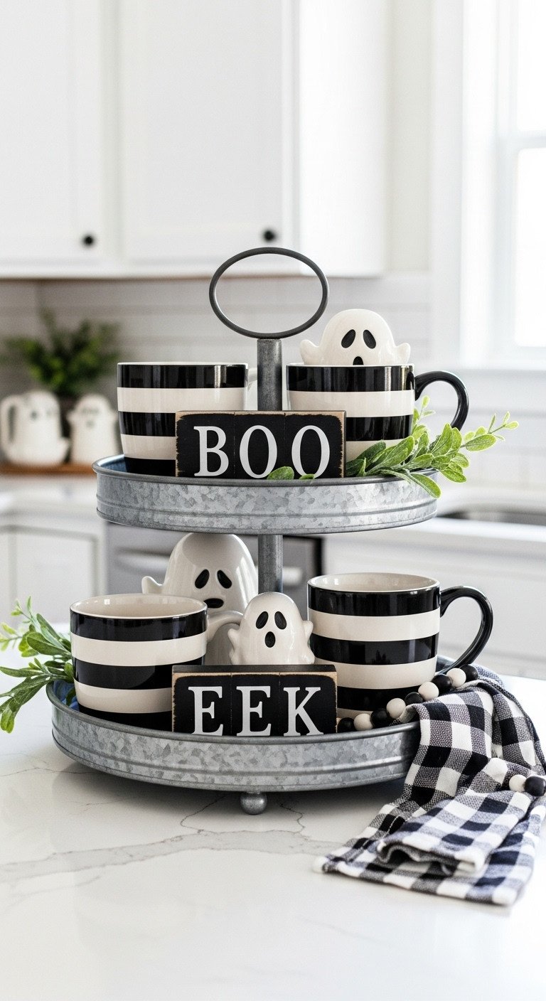 Classic Black and White tiered tray with striped mugs wooden block signs faux greenery and ghostly ceramics