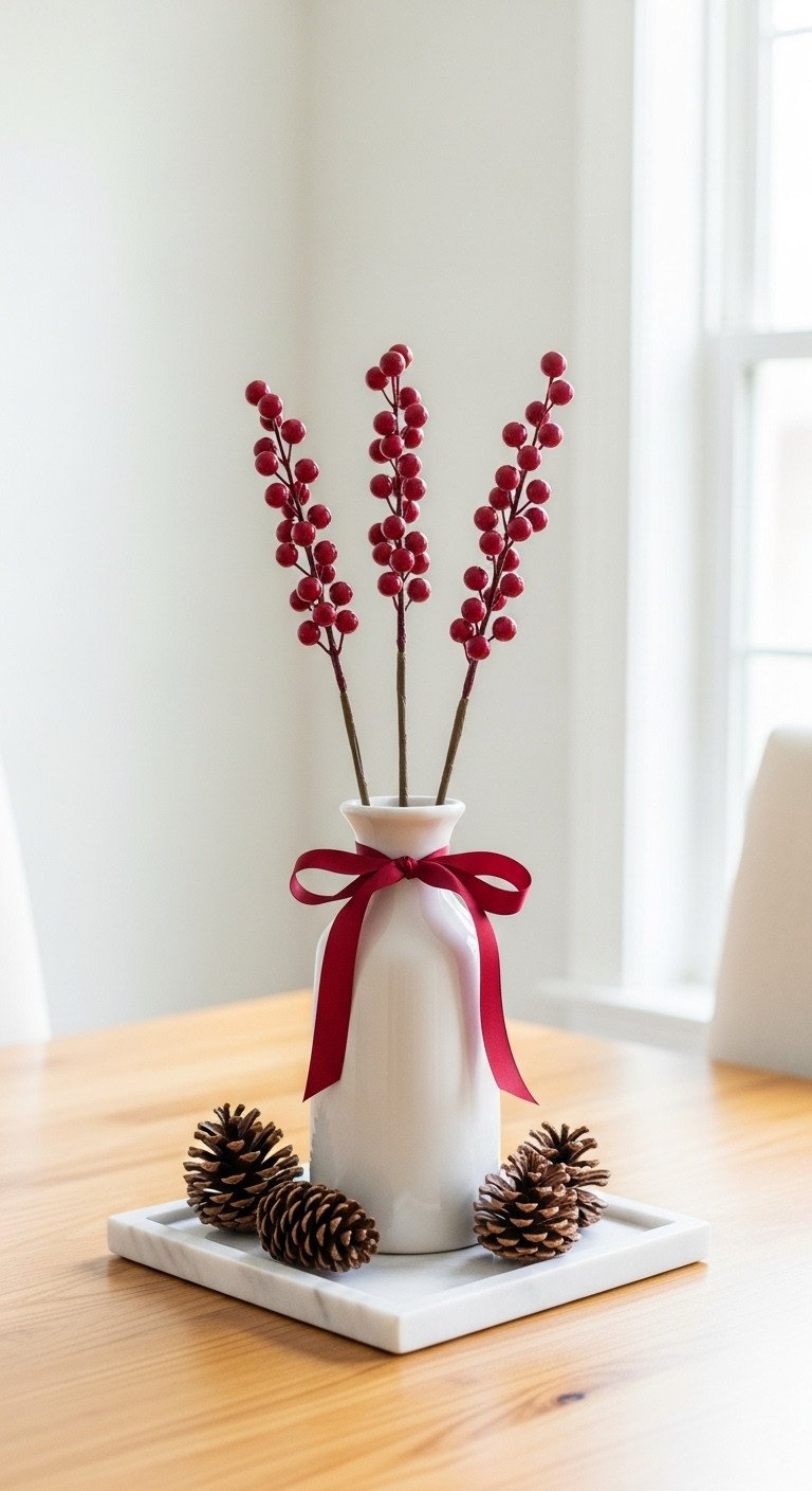 Classic Christmas decor with white ceramic vase red berry stems and pinecones on a marble tray