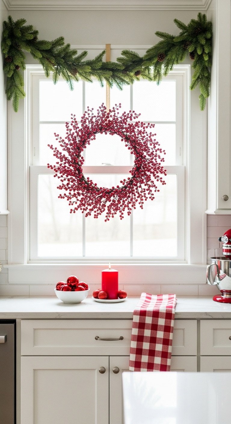 Classic Christmas kitchen window with vibrant red berry wreath ornaments and flameless candle