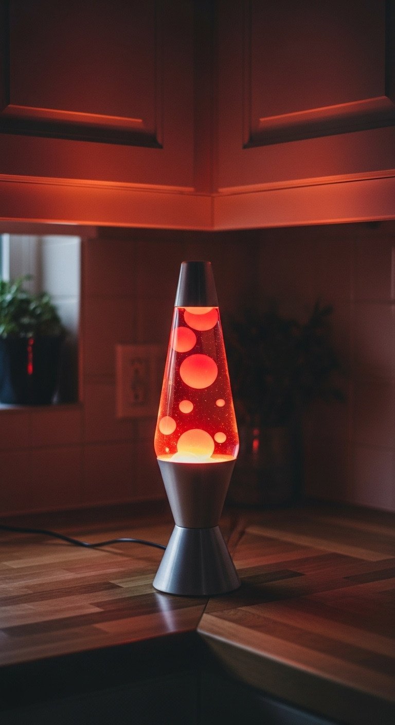 Classic Y2K lava lamp with pink wax glowing warmly on a wooden kitchen butcher block, evoking nostalgic home ambiance.