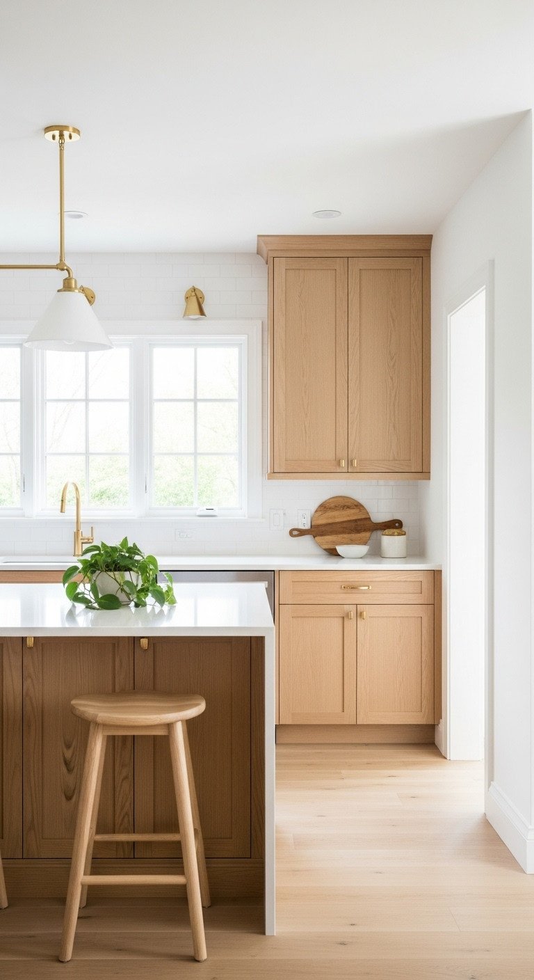11 Japanese Kitchen Color Schemes For A Tranquil Home 5 Classic light wood and crisp white Japandi kitchen with oak cabinets white quartz and green plant