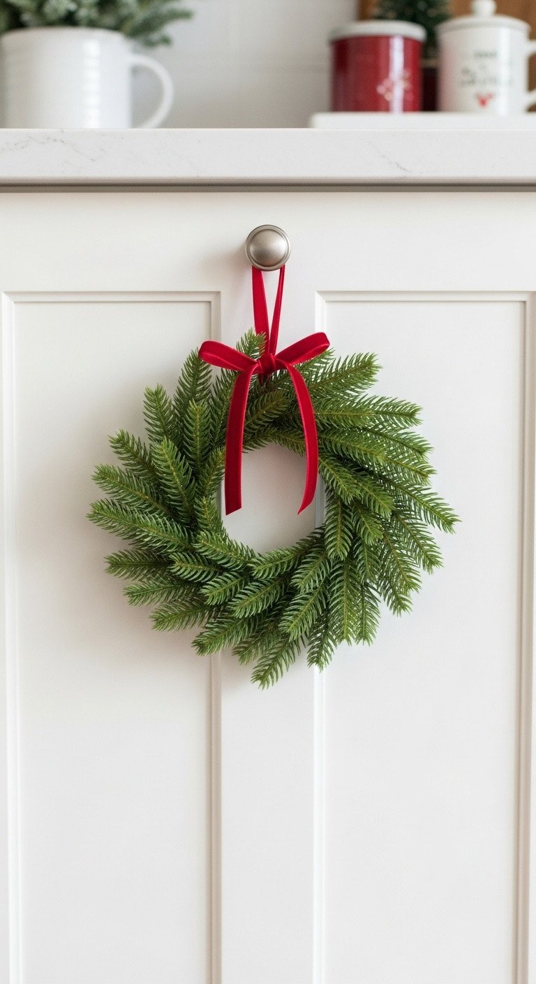 Classic mini wreath red velvet ribbon white shaker kitchen cabinet festive Christmas decor bright airy daylight