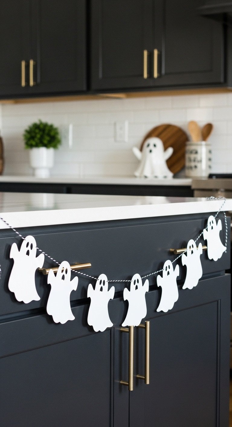 Classic paper ghosts Halloween garland strung across dark kitchen cabinets with white countertops and ceramic ghost figure