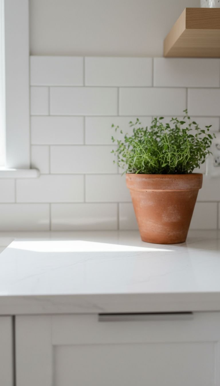 Clean white kitchen countertop and subway tile backsplash. Green herb plant in terracotta pot. Modern kitchen decor.