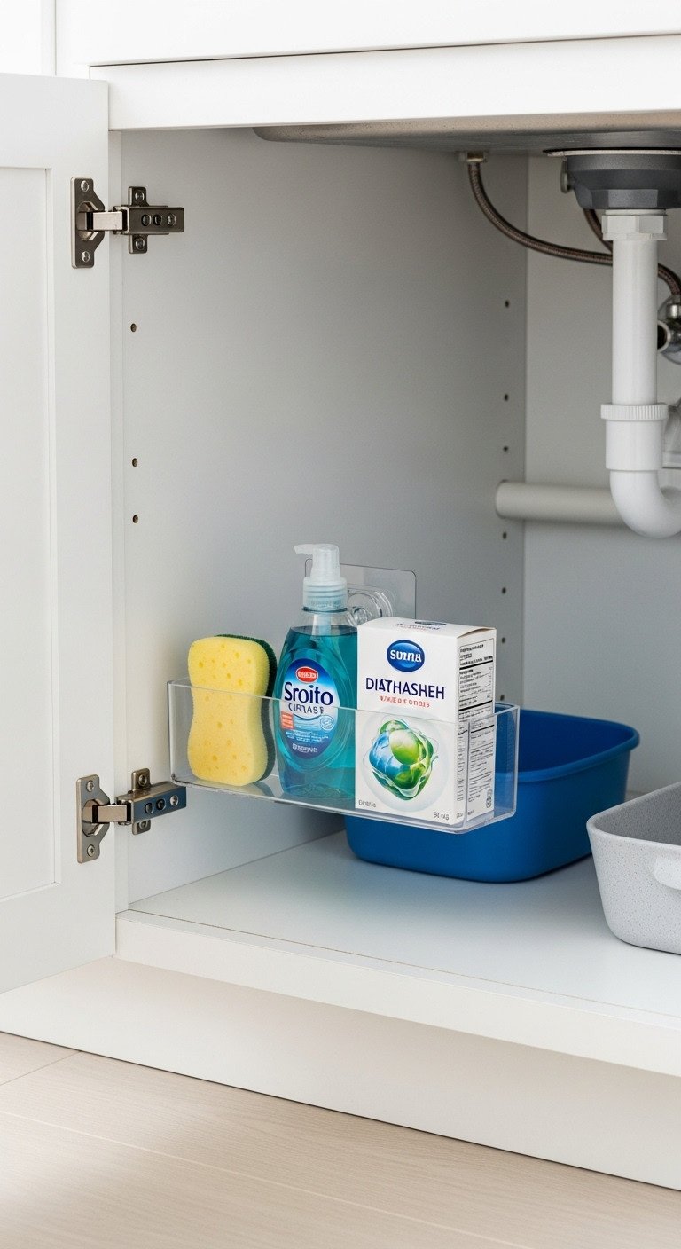 13 Genius Studio Apartment Kitchen Hacks That Save Space 18 Clear acrylic self-adhesive organizer on white under-sink cabinet door, holding sponge, dish soap, pods. Kitchen home decor DIY.