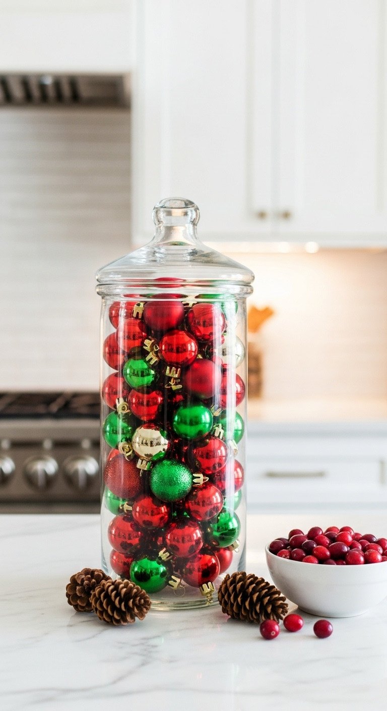 7 Genius Dollar Tree Christmas Kitchen Decor Ideas 9 Clear glass apothecary jar filled with red green and gold Christmas ornaments on a white marble kitchen countertop with cranberries and pinecones