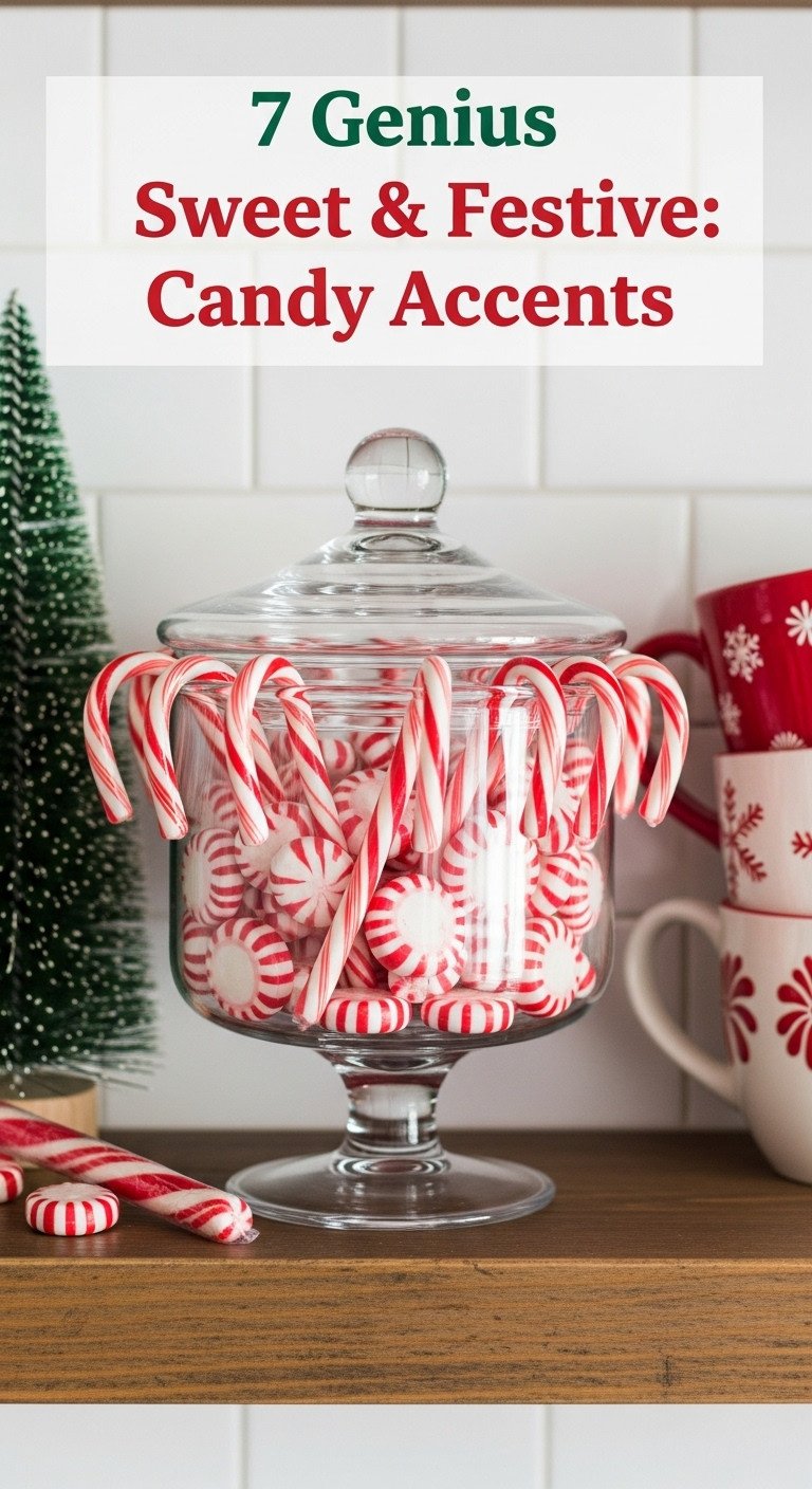 7 Genius Dollar Tree Christmas Kitchen Decor Ideas 11 Clear glass candy dish filled with red and white striped candy canes on a rustic wooden kitchen shelf next to festive mugs