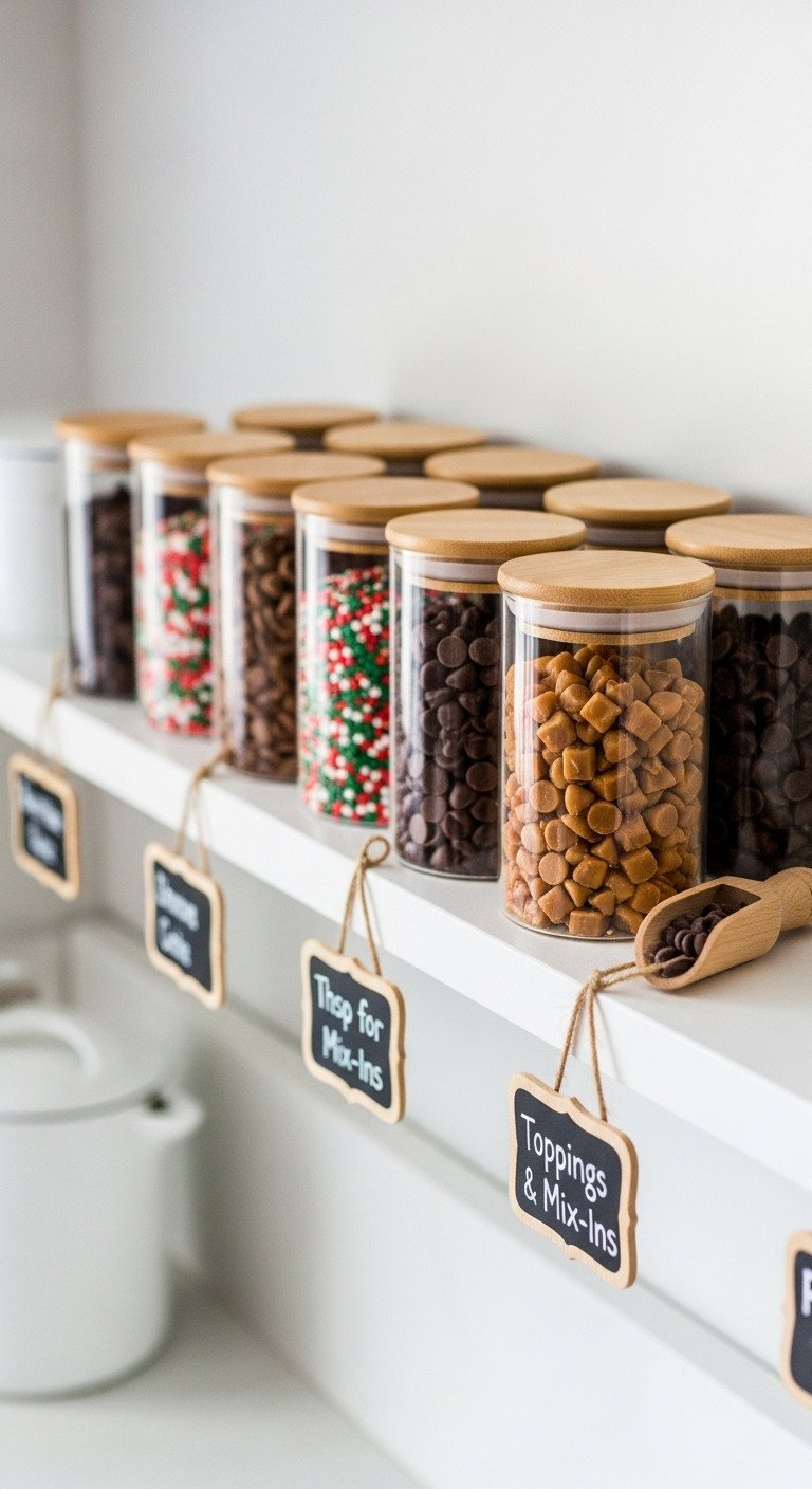 Clear glass jars with bamboo lids filled with colorful Christmas hot chocolate toppings on white shelf