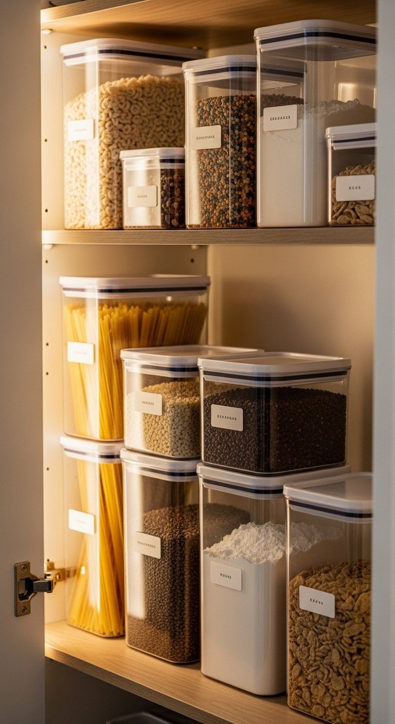 Clear stackable food storage containers with dry goods on a neatly organized pantry shelf