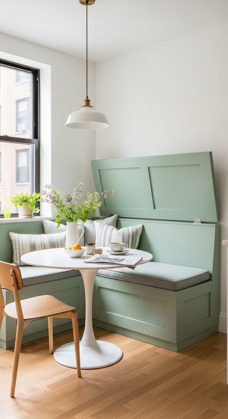 Clever NYC kitchen with custom sage green breakfast nook banquette, hidden storage, round tulip table, cozy dining.