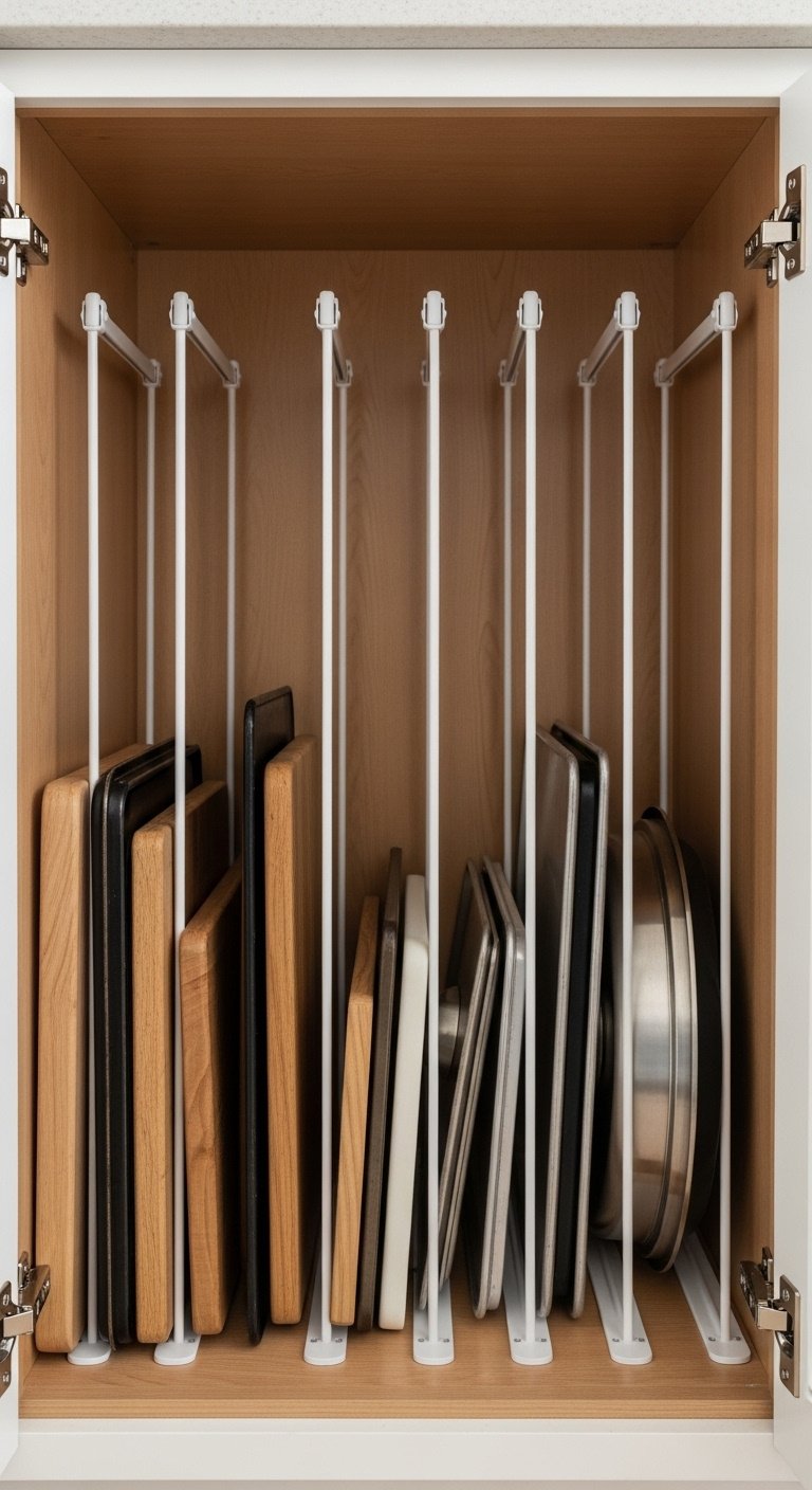 13 Genius Studio Apartment Kitchen Hacks That Save Space 10 Clever kitchen cabinet organization with white tension rods filing cutting boards, baking sheets, and pan lids vertically. Home decor DIY.
