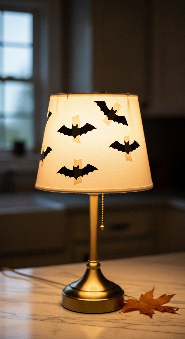Close-up of a kitchen table lamp with a Halloween bat silhouette overlay casting spooky shadows on the wall