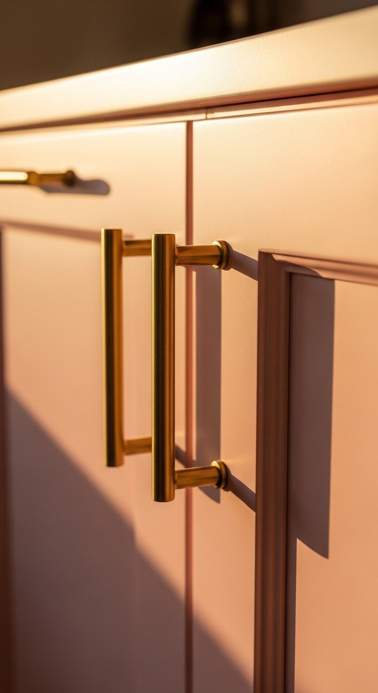 Sophisticated Pink Kitchen Ideas For Chic Apartment Living 4 Close-up of a sleek brushed gold cabinet pull on a soft blush pink kitchen cabinet door. Modern home decor and hardware detail.