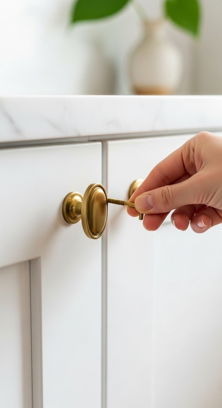 Close-up of a soft white kitchen cabinet with a brushed brass pull, showcasing modern home decor details and sage green accents.