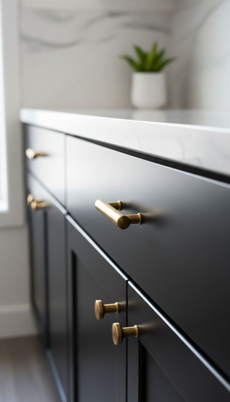 Brilliant Budget Apartment Kitchen Ideas That Look Expensive 1 Close-up of matte black kitchen cabinets featuring modern brass T-bar pulls, perfectly aligned. A DIY kitchen update for an elegant, sophisticated feel.