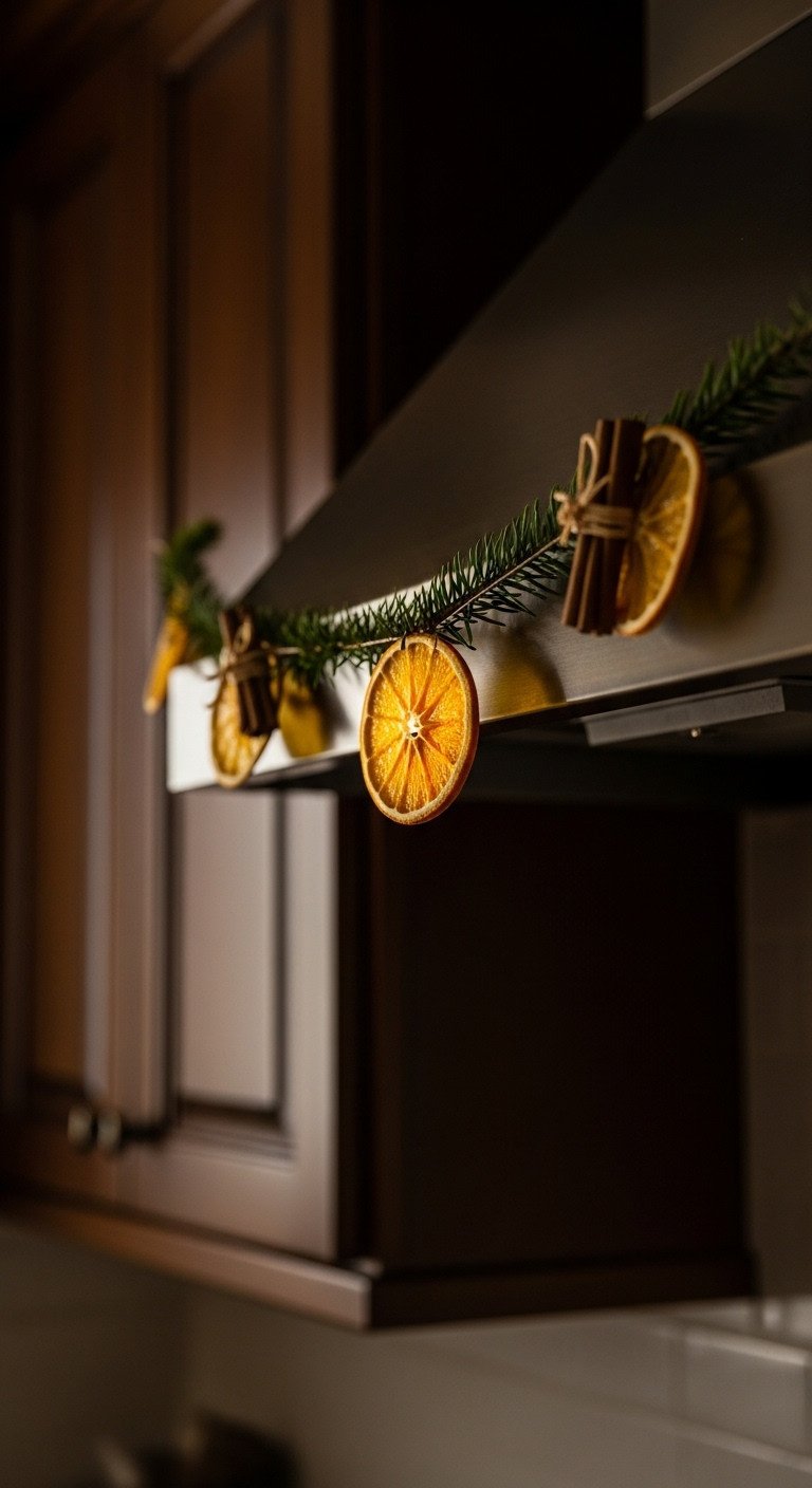 Close-up of simple Christmas garland with glowing dried orange slices and cinnamon sticks draped over a dark bronze range hood