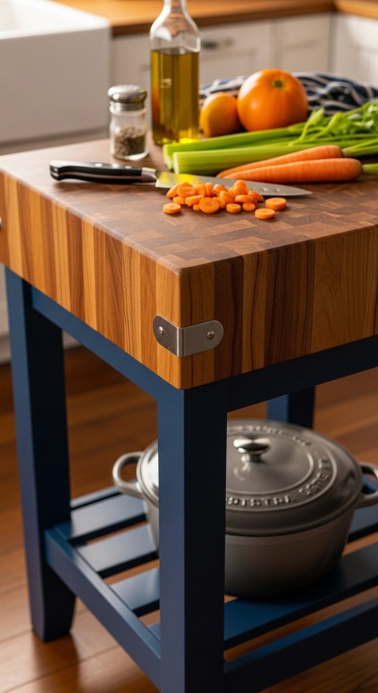 Genius Apartment Kitchen Island Ideas That Maximize Space 4 Close-up of square end-grain butcher block kitchen island with chef's knife, chopped vegetables, olive oil, and navy blue base.