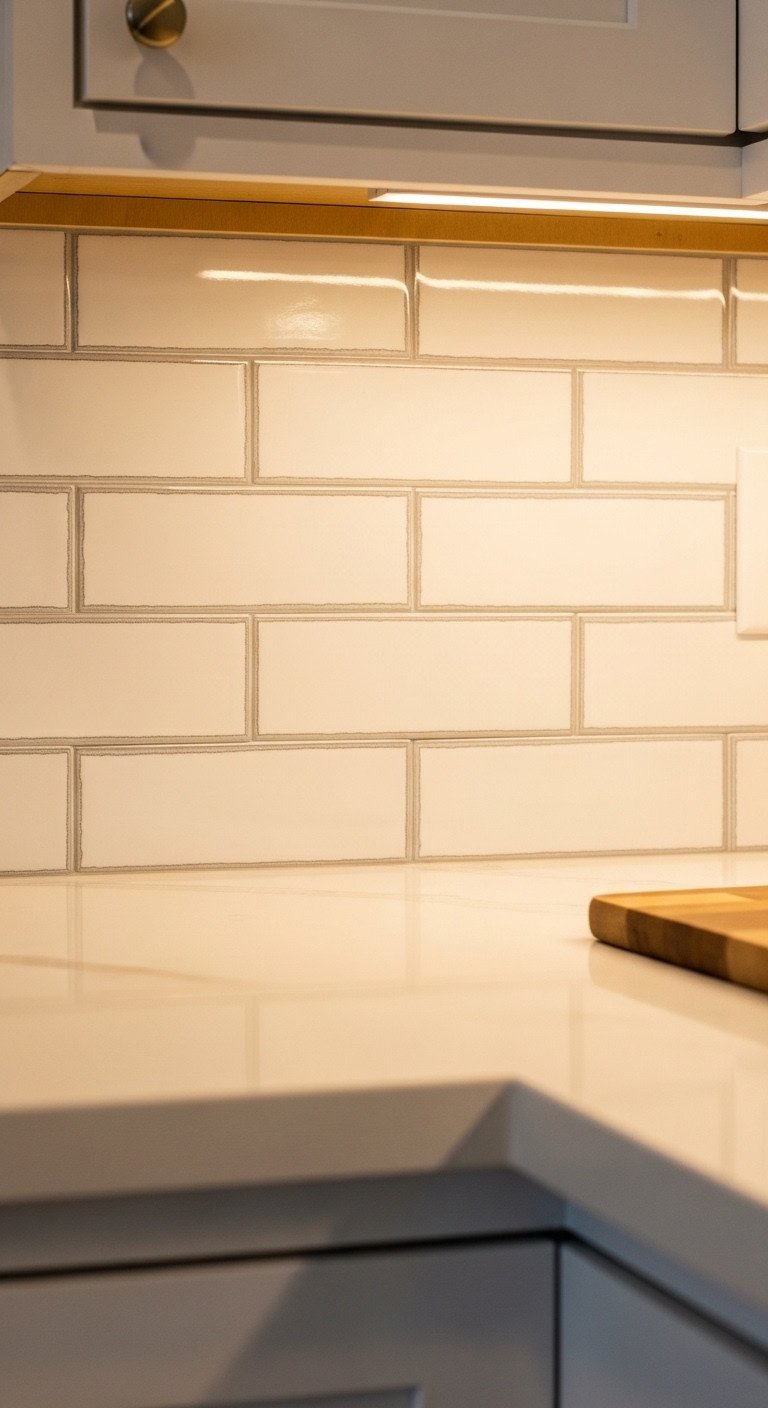 13 Genius Studio Apartment Kitchen Hacks That Save Space 9 Close-up of white subway tile peel-and-stick backsplash with light gray grout, reflecting under-cabinet LED light. Kitchen DIY home decor.