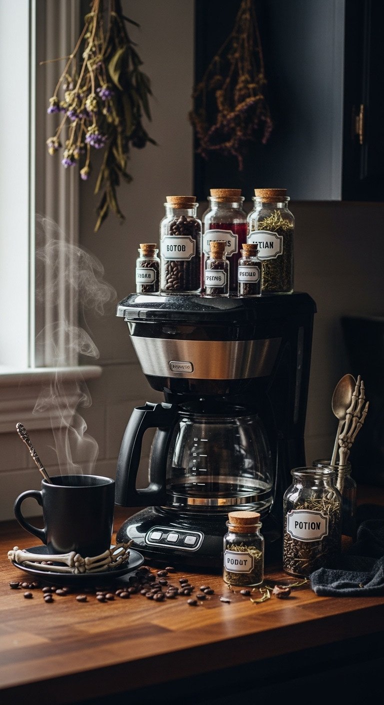 Coffee maker transformed into a witch's potion station
