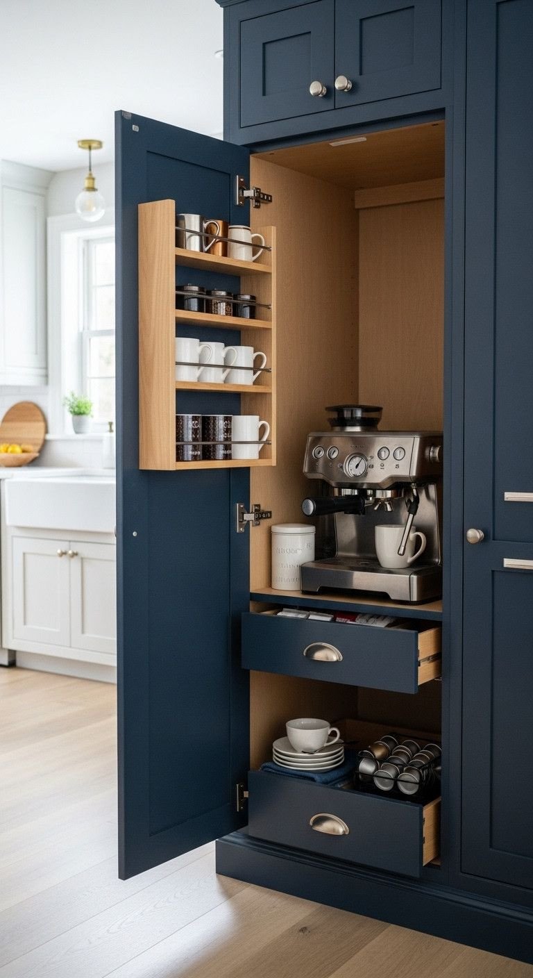 Coffee station: espresso machine & mugs organized inside open dark navy blue shaker kitchen cabinet.