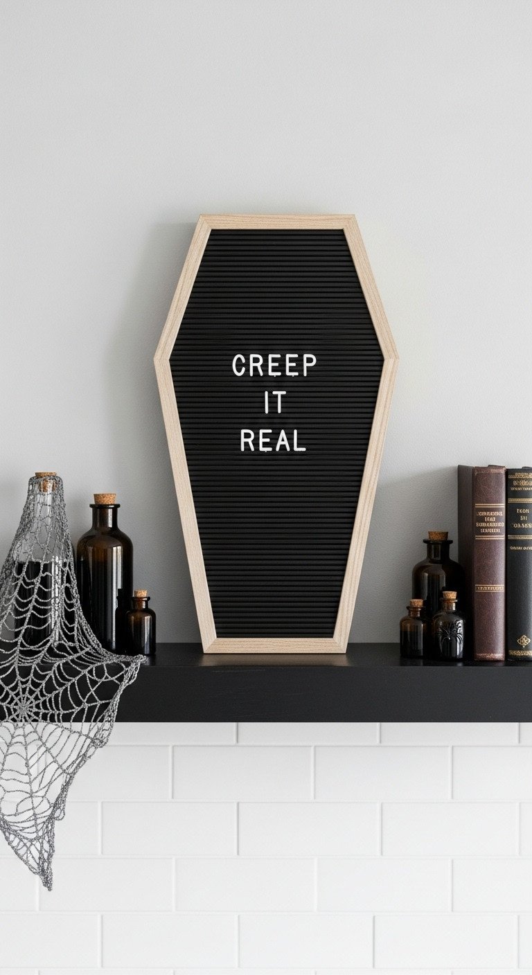 Coffin-shaped letter board on a kitchen shelf reads Creep it Real with potion bottles spiderweb and antique books