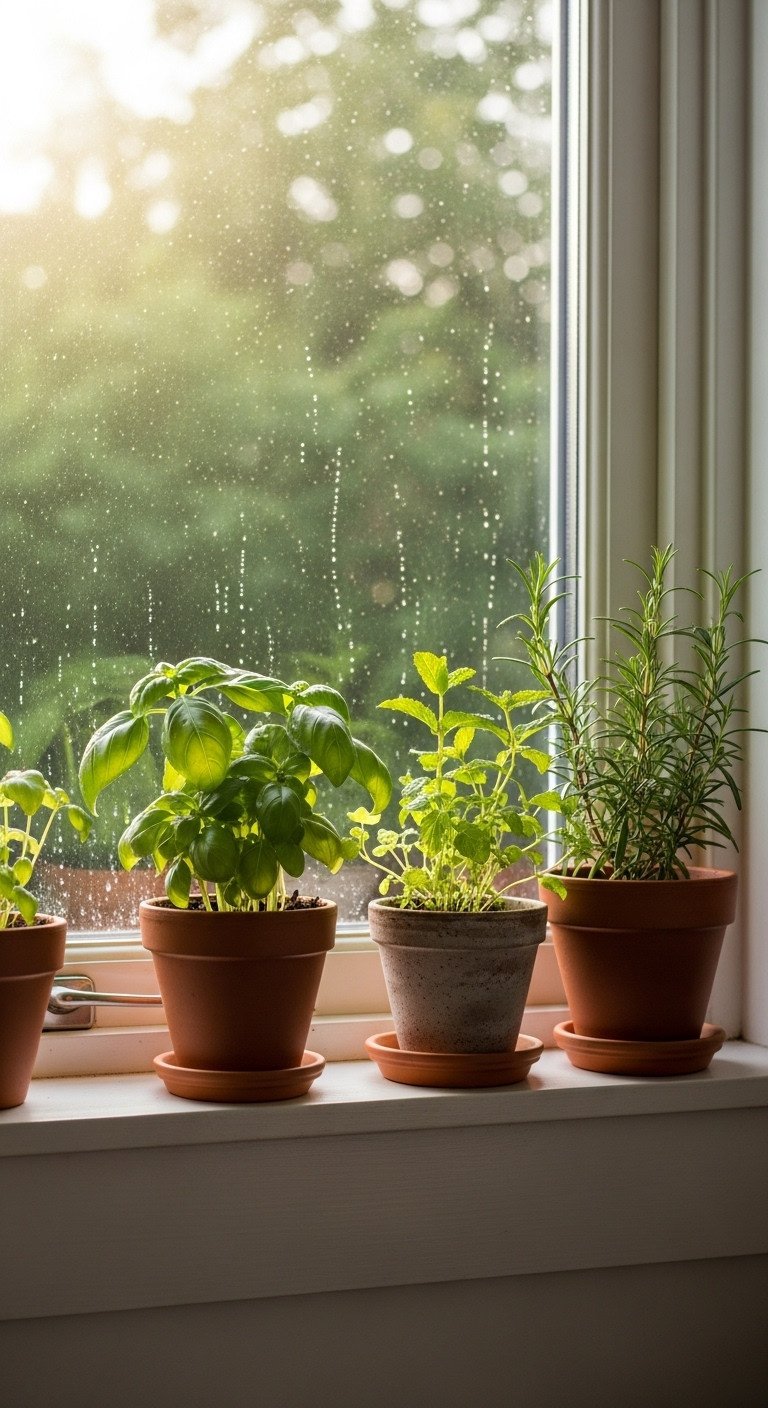 Collection of small terracotta and ceramic pots with fresh herbs like basil, mint, and rosemary on a sunny kitchen windowsill