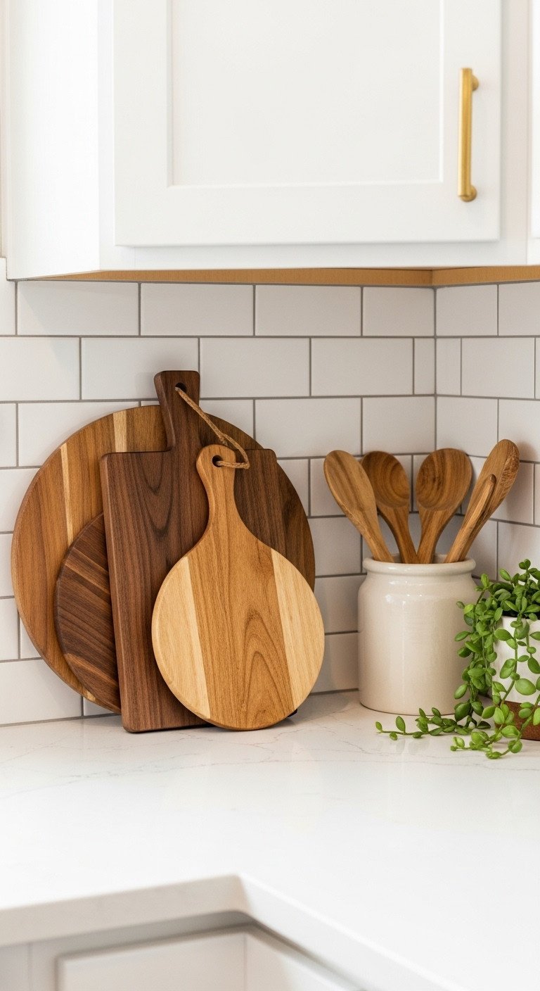 Collection of three different shaped wooden cutting boards leaning stylishly against a white tiled kitchen backsplash with ceramic crock and plant