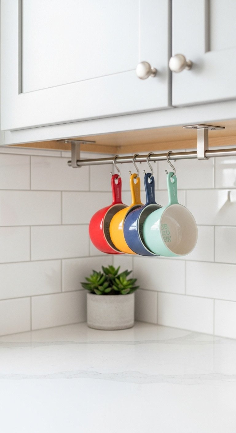 Colorful ceramic measuring cups hanging from an under-cabinet rail over a white quartz countertop with a succulent