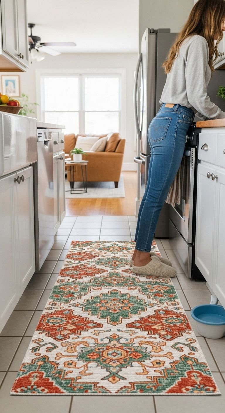 Colorful patterned washable runner rug on a kitchen tile floor, enhancing a cozy galley kitchen with feet in slippers visible.