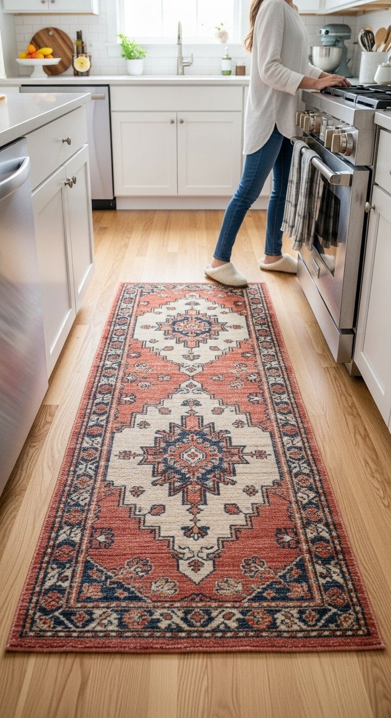 Colorful vintage inspired washable runner rug on light oak hardwood floor in a narrow galley kitchen with white cabinets and steel appliances