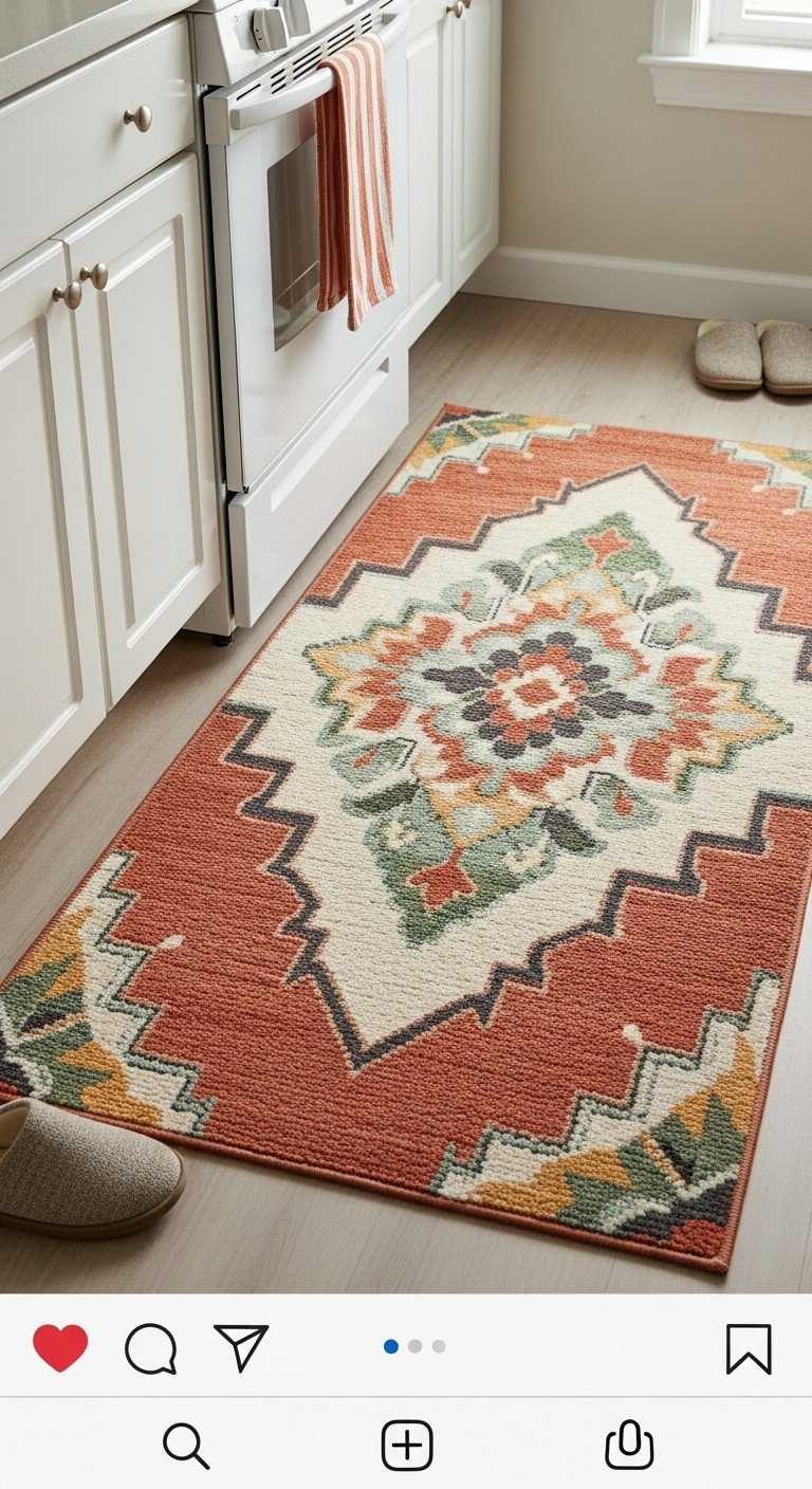 Colorful washable runner rug laid out on a simple kitchen floor, adding warmth and personality between the sink and stove