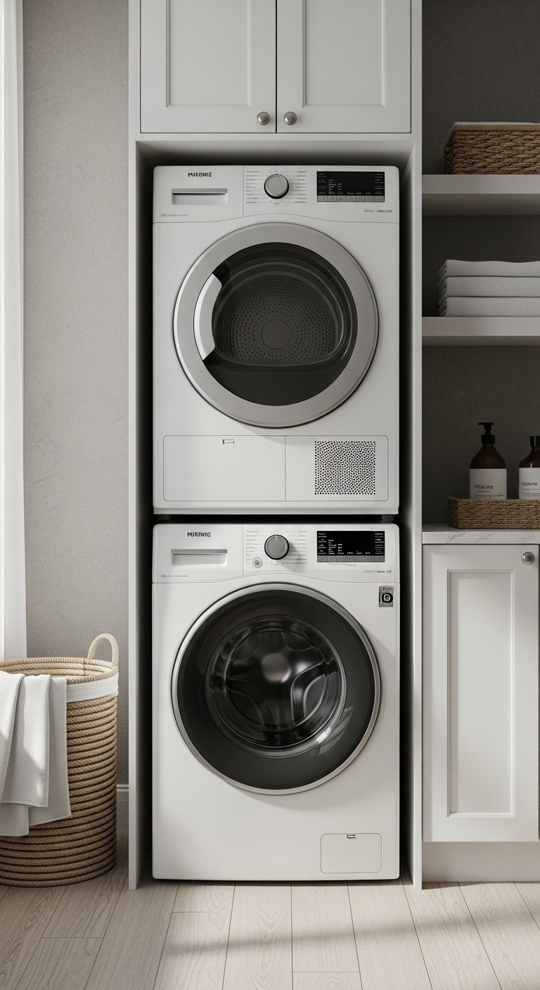Compact Indian laundry nook with stacked washer and dryer in white cabinet niche, woven basket, and folded towels.