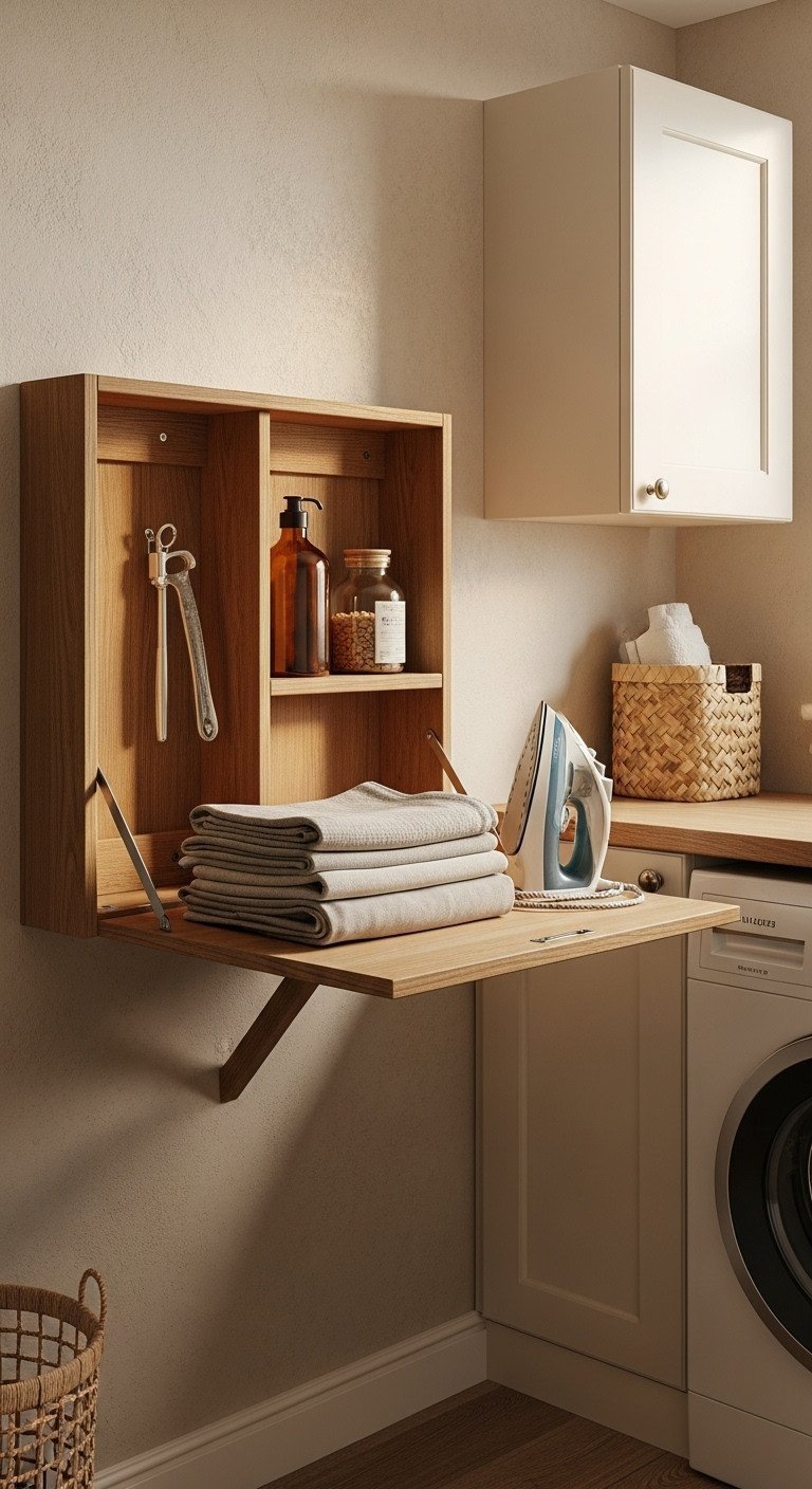 Compact utility room with wooden wall-mounted fold-down table, stack of laundry, iron, and a partially visible washing machine.