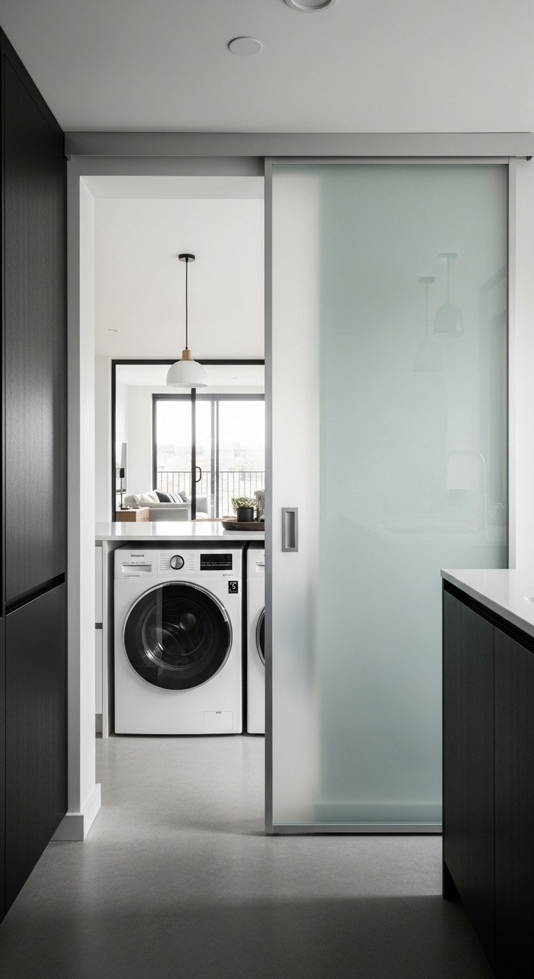 Contemporary kitchen: partially open frosted glass sliding door reveals well-lit laundry nook with side-by-side washer and dryer.