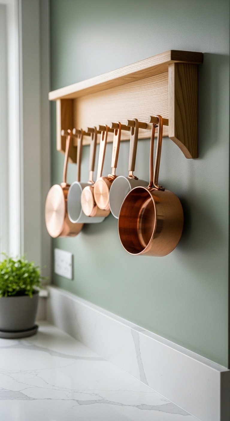 Copper and ceramic measuring cups hanging on a wooden peg rack on a sage green kitchen wall