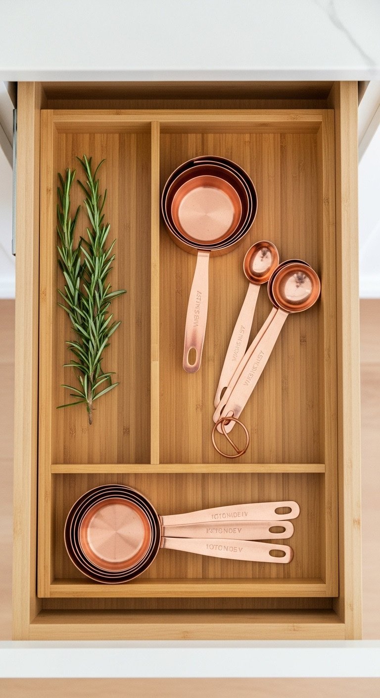 Copper measuring cups and spoons neatly organized in a bamboo drawer divider with a sprig of rosemary
