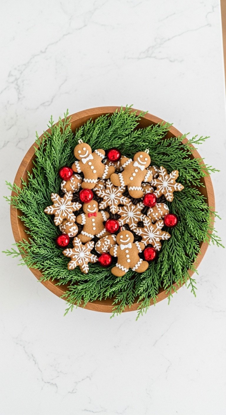 Countertop decorative element with wooden bowl filled with cedar greenery and gingerbread ornaments
