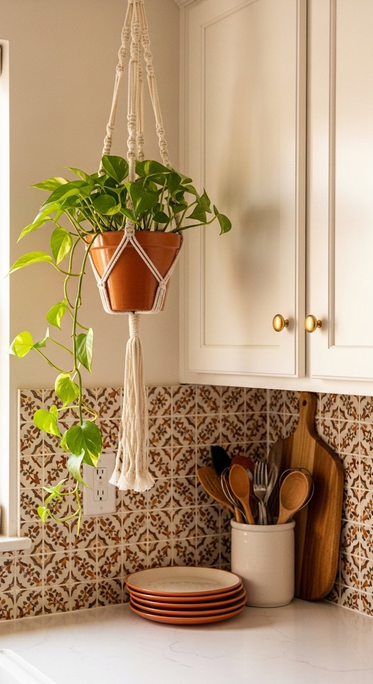 Cozy Boho kitchen corner with a macrame pothos planter, colorful Moroccan backsplash, terracotta plates, and wooden utensils.