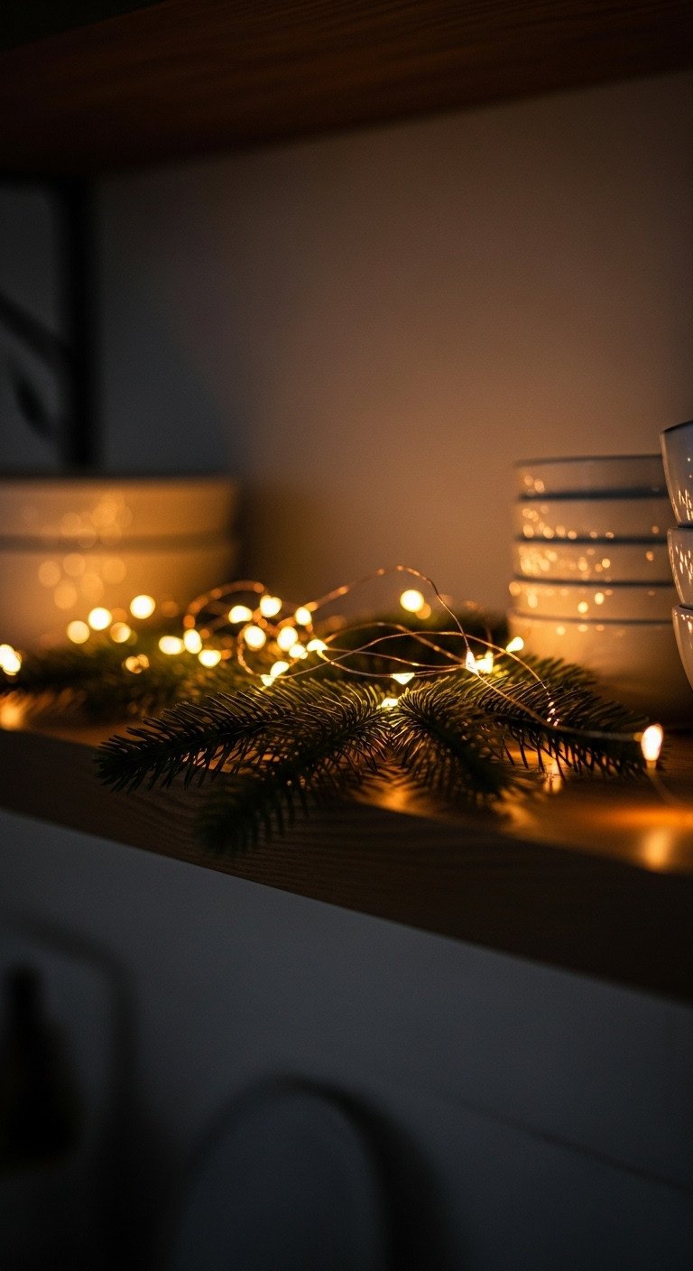 Cozy Christmas ambient lighting with fairy lights woven through evergreen garland on a kitchen shelf