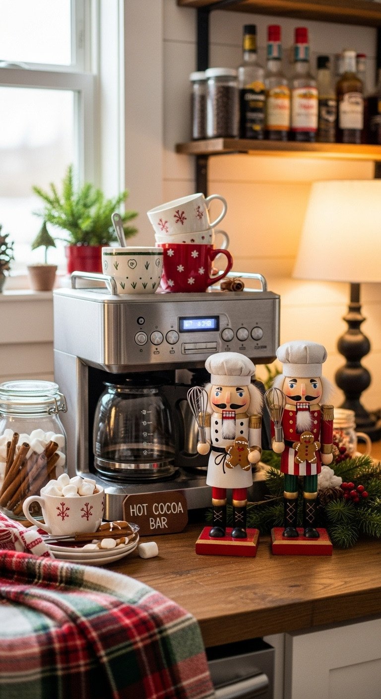 Cozy Christmas coffee bar with a coffee maker, holiday mugs, chef nutcrackers, cinnamon sticks, and marshmallows. Festive kitchen decor.