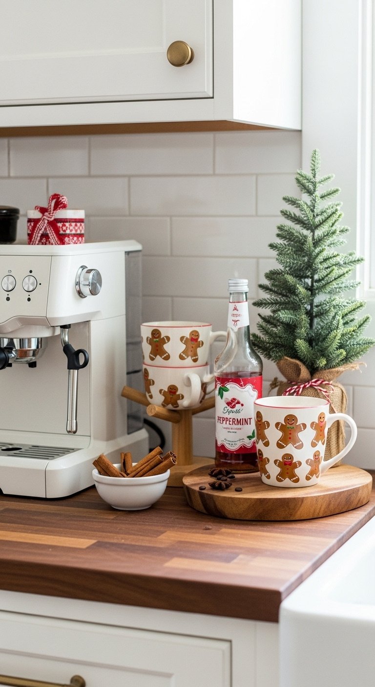 Cozy Christmas coffee bar with espresso machine, gingerbread mugs, cinnamon sticks, peppermint syrup, and a small faux pine tree.