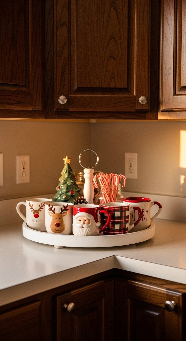 Cozy Christmas coffee station in a kitchen with dark brown cabinets featuring a white tiered tray with festive mugs and decor